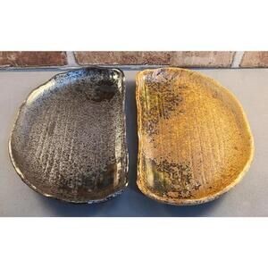 Vtg Japan Stoneware Crescent Plates Half Moon Sushi Trays Studio Pottery Mingei